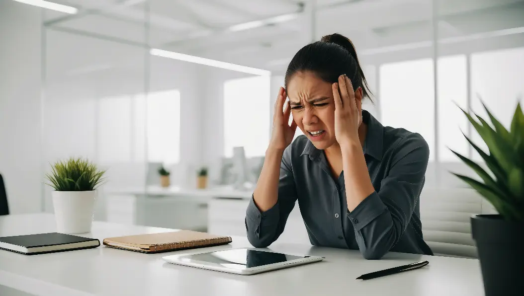 Woman experiencing stress while working at a desk.